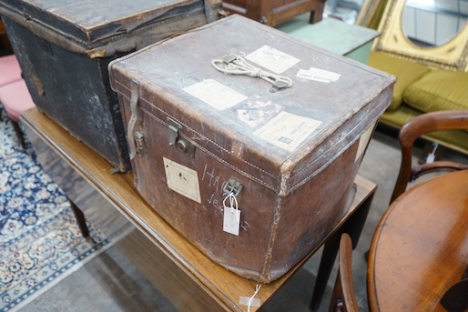 Two Victorian leather mounted trunks, larger 60cm, depth 49cm, height 47cm